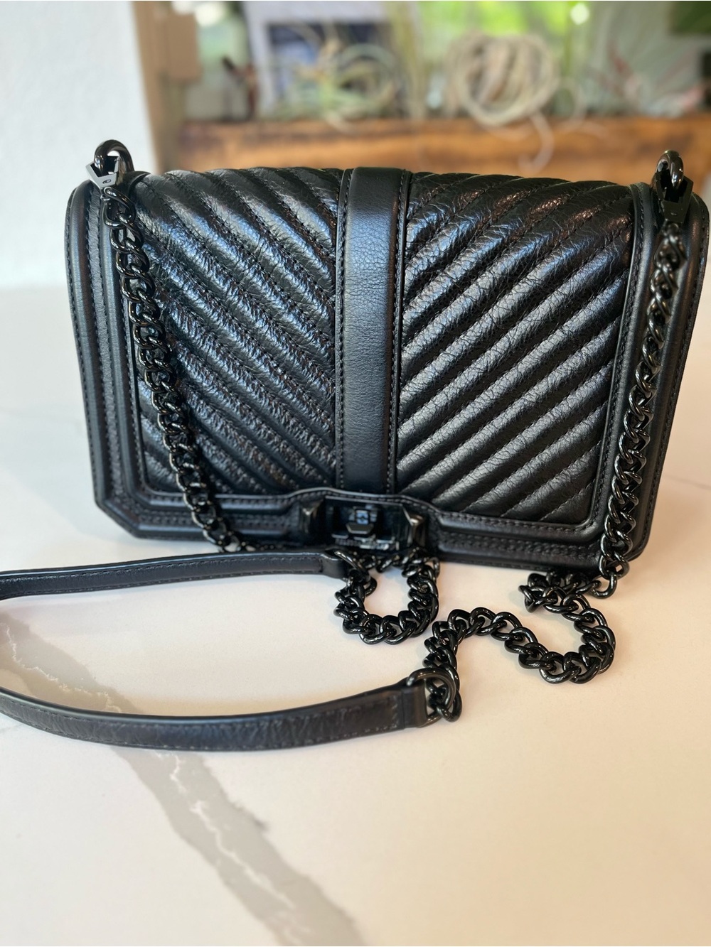 Rebecca Minkoff Black Quilted Chevron Leather Crossbody with Chain